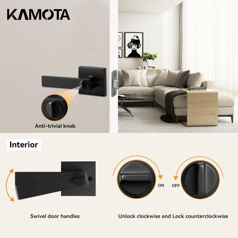 كاموتا KAMOTA عتلات أبواب الخصوصية 4 عبوات من مقابض الأبواب باللون الأسود غير اللامع وأقفال أبواب السرير والحمام وأقفال داخلية بدون مفتاح لليد اليسرى واليمنى قابلة للعكس - Image 4